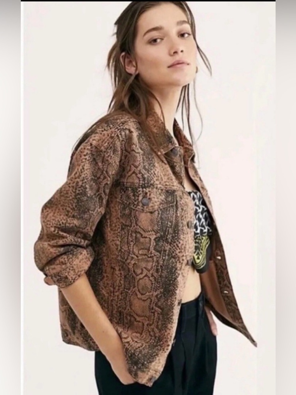 Free People Brown Snake-Print Jean Jacket